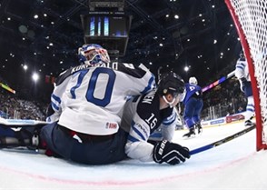 PARIS, FRANCE - MAY 7: Finland's Joonas Korpisalo #70  and Miro Aaltonen #15 look on after France's Pierre-Edouard Bellemare #41 (not shown) scores during preliminary round action at the 2017 IIHF Ice Hockey World Championship. (Photo by Matt Zambonin/HHOF-IIHF Images)