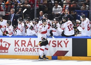 PARIS, FRANCE - MAY 18: Switzerland's Gaetan Haas #92 celebrates with his bench after scoring against Sweden during quarterfinal round action at the 2017 IIHF Ice Hockey World Championship. (Photo by Matt Zambonin/HHOF-IIHF Images)

