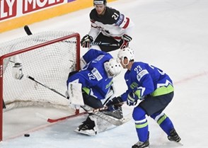 PARIS, FRANCE - MAY 7: Slovenia's Gasper Kroselj #32,  Luka Vidmar #23 and Canada's Brayden Point #21 look on as Canada's Brayden Point #21 (not shown) scores during preliminary round action at the 2017 IIHF Ice Hockey World Championship. (Photo by Matt Zambonin/HHOF-IIHF Images)